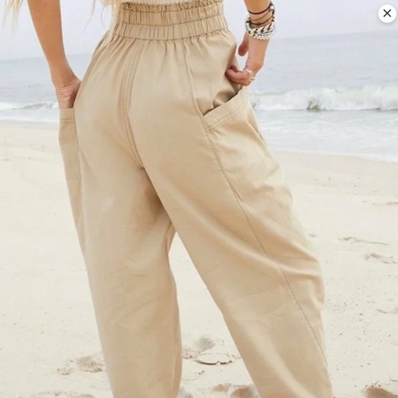 FREE PEOPLE Med Ready To Run Cinch Waist Paper Bag Pants Sand Beige Drop Crotch - Picture 9 of 10